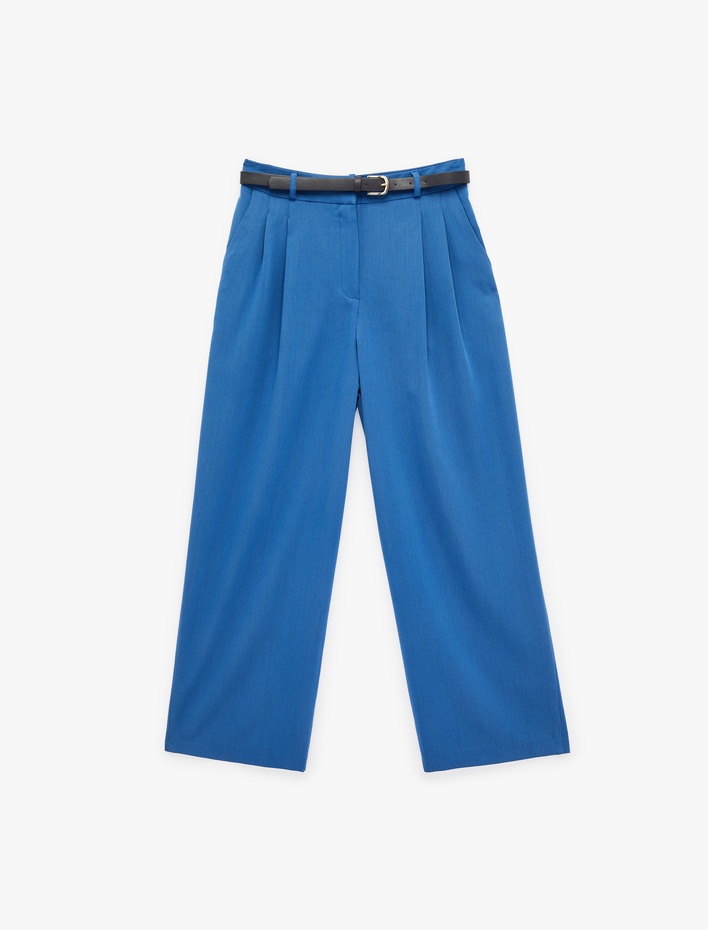  Viskon Karışımlı Kemerli Yüksek Bel Geniş Paça Pantolon