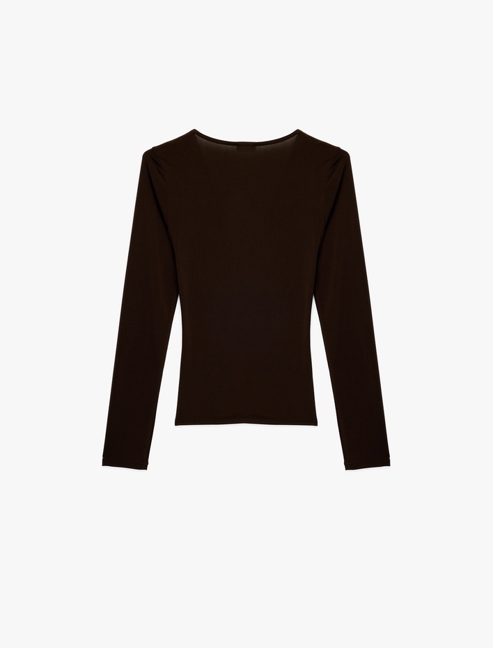  Sandy Kumaş Slim Fit Uzun Kollu Düğüm Detaylı V Yaka Tişört