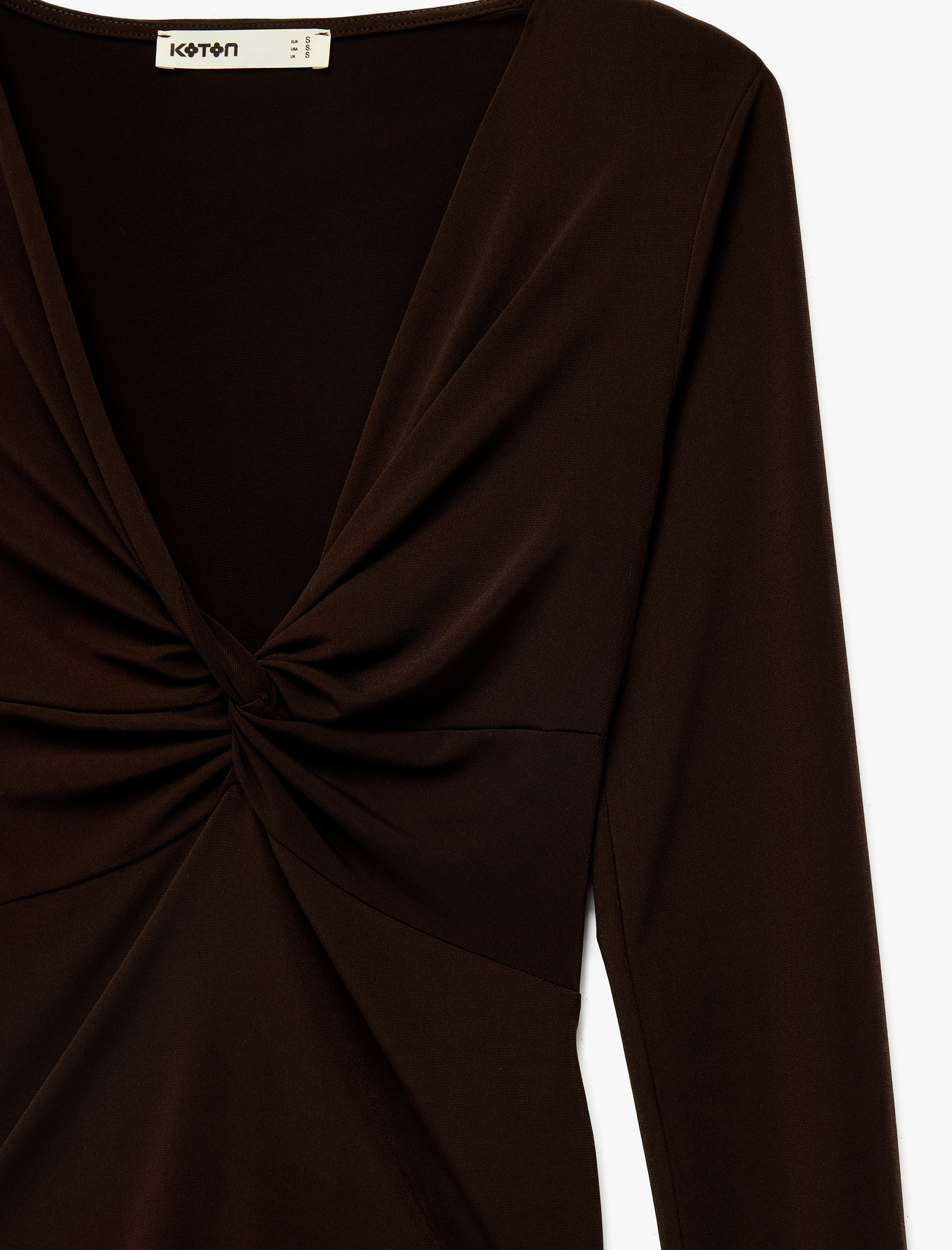   Sandy Kumaş Slim Fit Uzun Kollu Düğüm Detaylı V Yaka Tişört