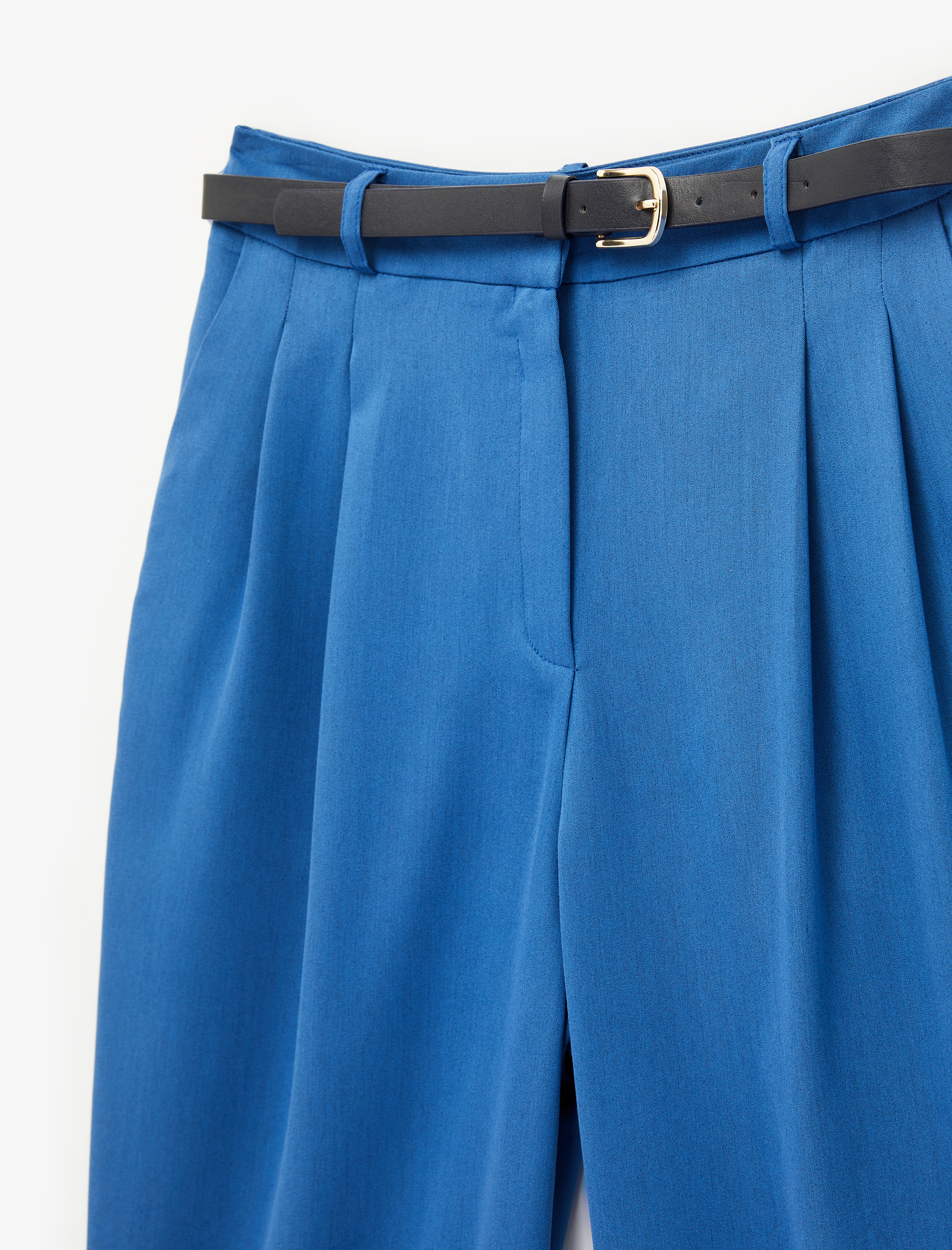   Viskon Karışımlı Kemerli Yüksek Bel Geniş Paça Pantolon