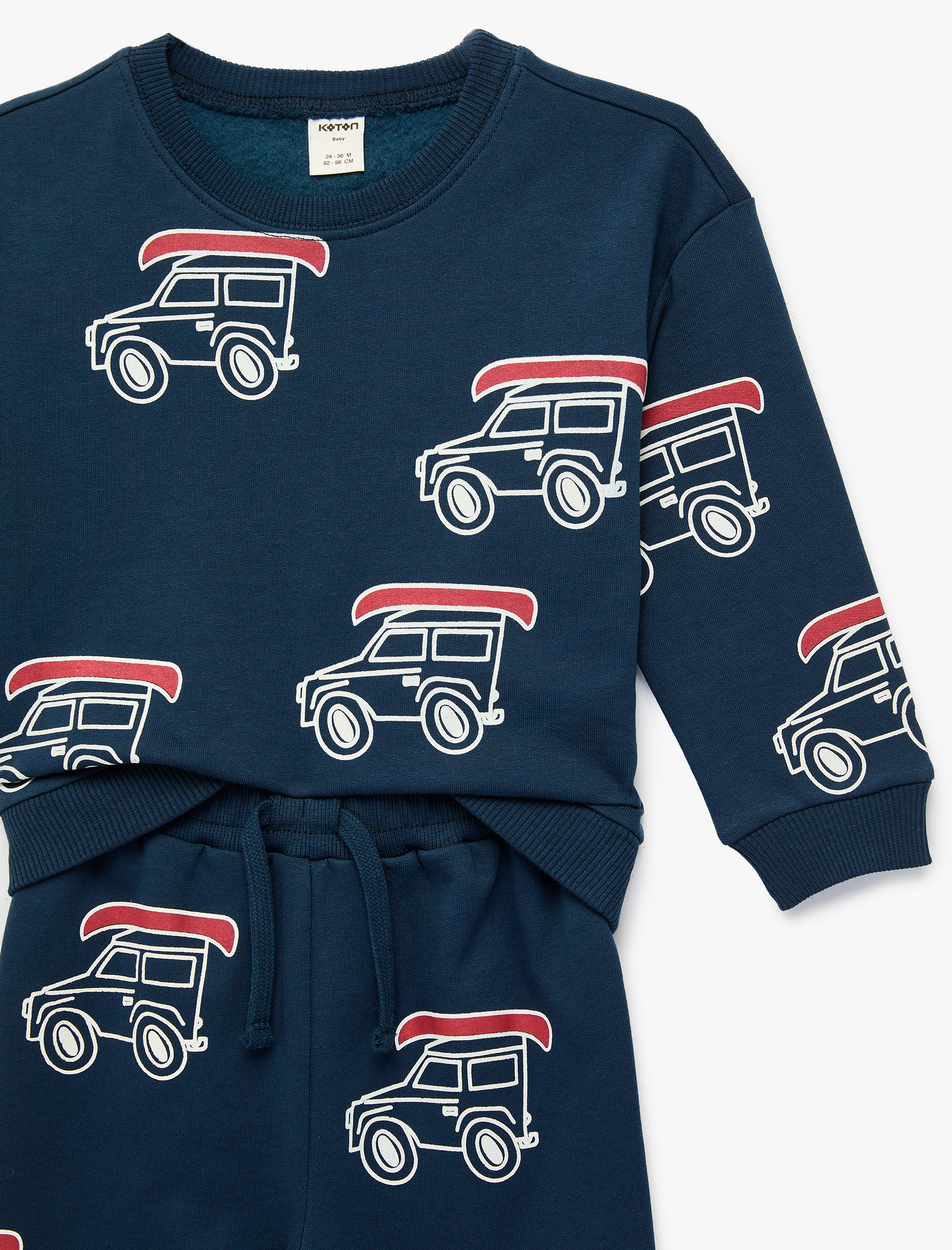  Erkek Bebek Araba Baskılı Pamuklu Eşofman Takımı -  2'li Set