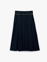 Pamuklu A Kesim Kemerli Pileli Midi Etek