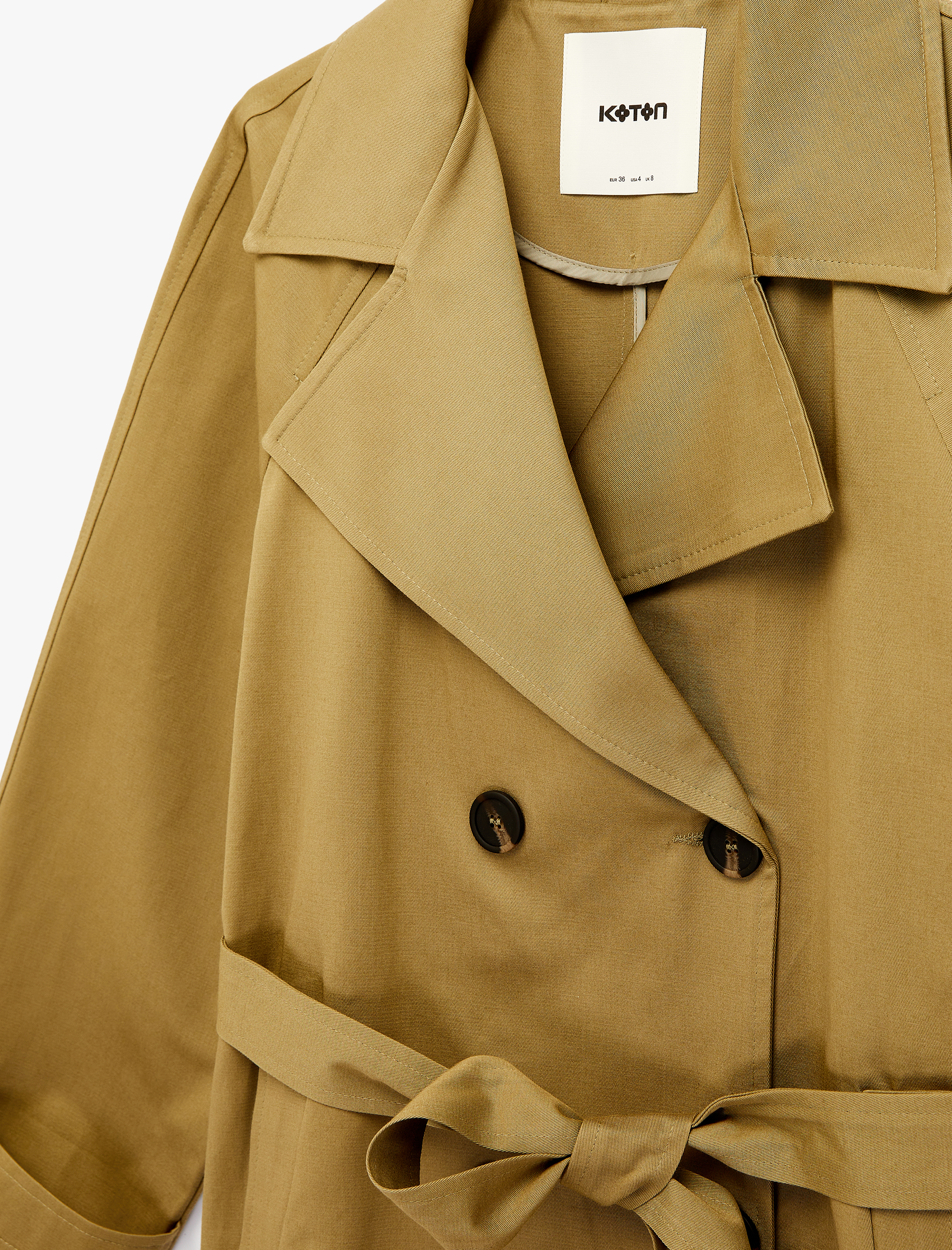   Uzun Kollu Cepli Kemerli Düğmeli Kruvaze Gabardin Oversize Trençkot