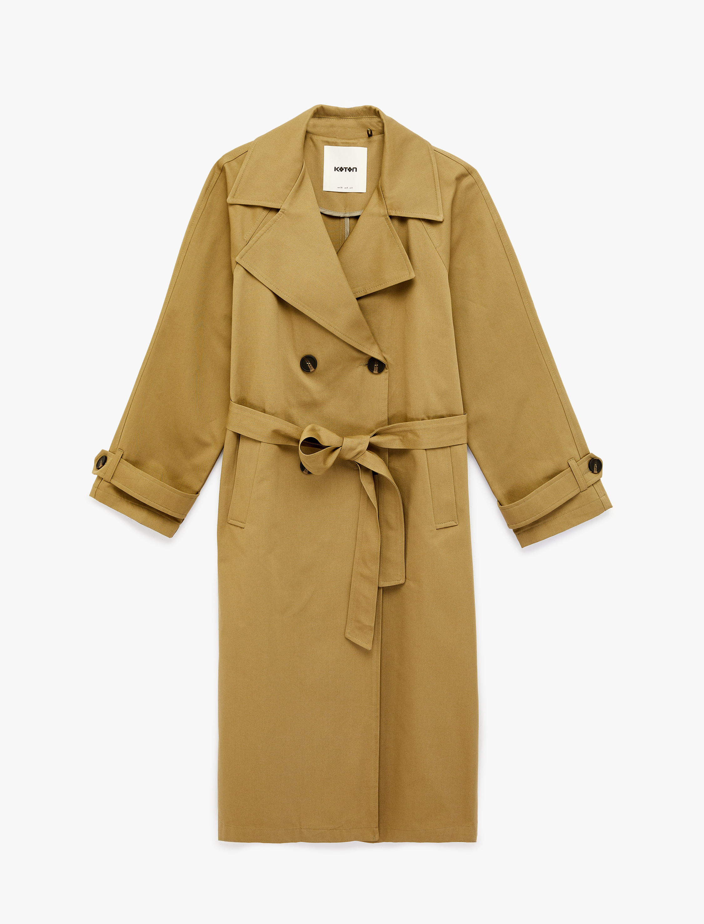   Uzun Kollu Cepli Kemerli Düğmeli Kruvaze Gabardin Oversize Trençkot