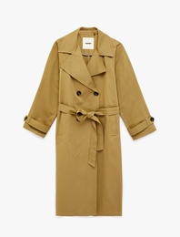 Uzun Kollu Cepli Kemerli Düğmeli Kruvaze Gabardin Oversize Trençkot