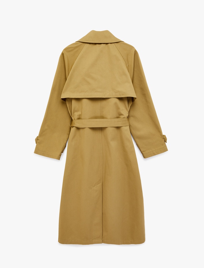  Uzun Kollu Cepli Kemerli Düğmeli Kruvaze Gabardin Oversize Trençkot