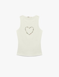 Pamuklu Slim Fit Kolsuz Bisiklet Yaka Taş Detaylı Kalpli Bluz