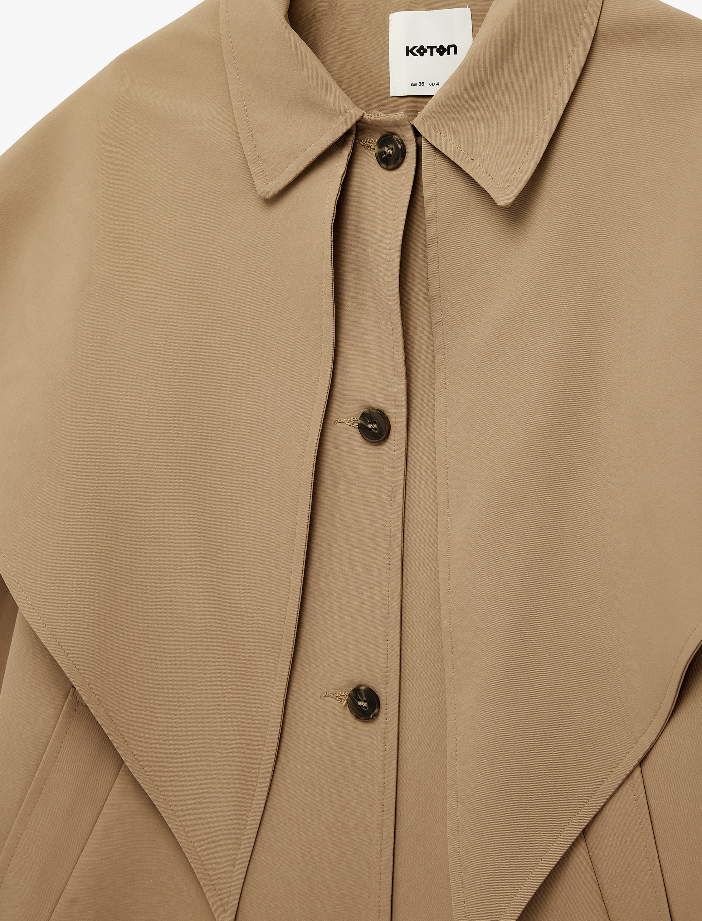   Gabardin Kumaş Uzun Kollu Cepli Düğmeli Pelerin Detaylı Oversize Trençkot