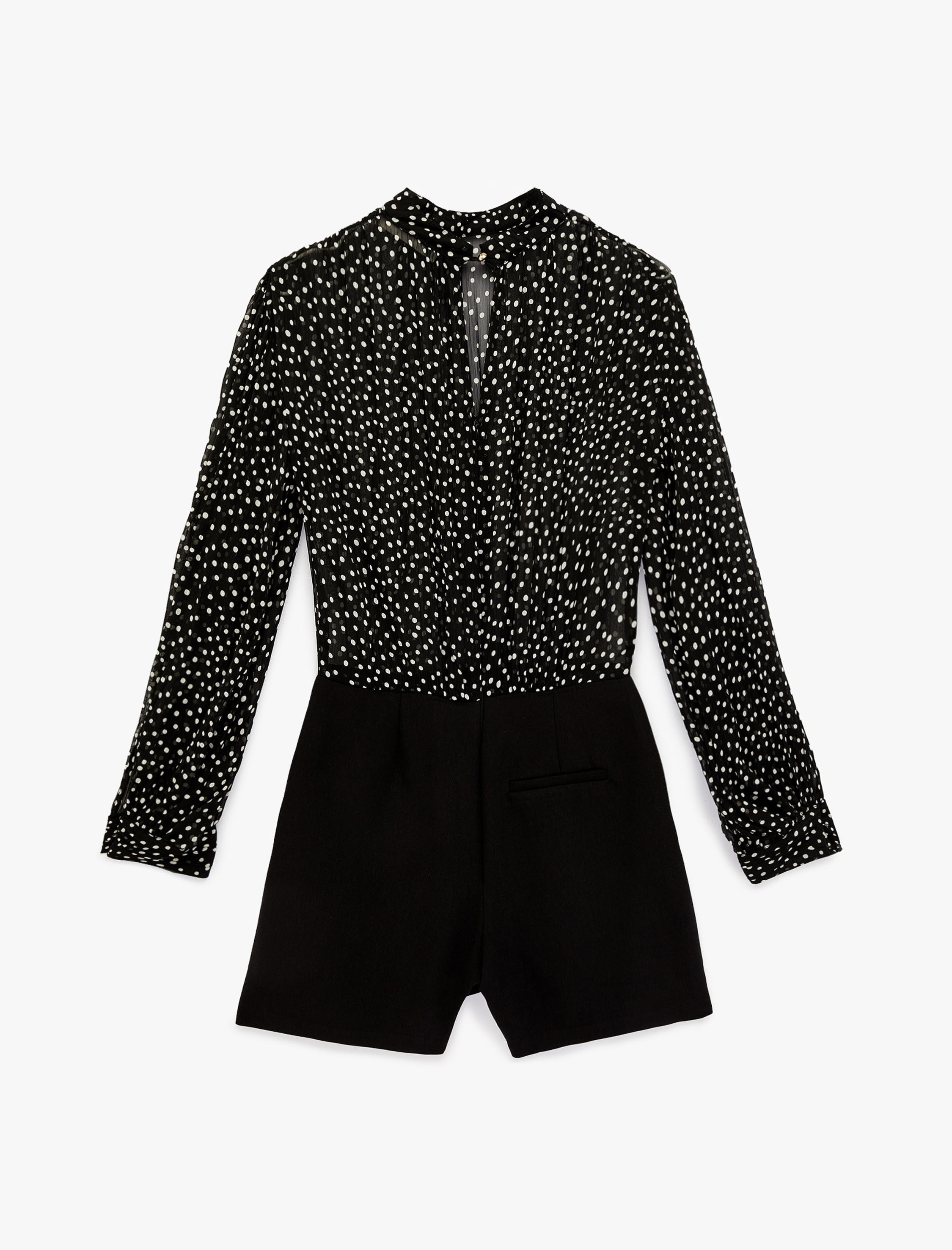   Puantiyeli Şifon Uzun Kollu Bisiklet Yaka Mini Tulum