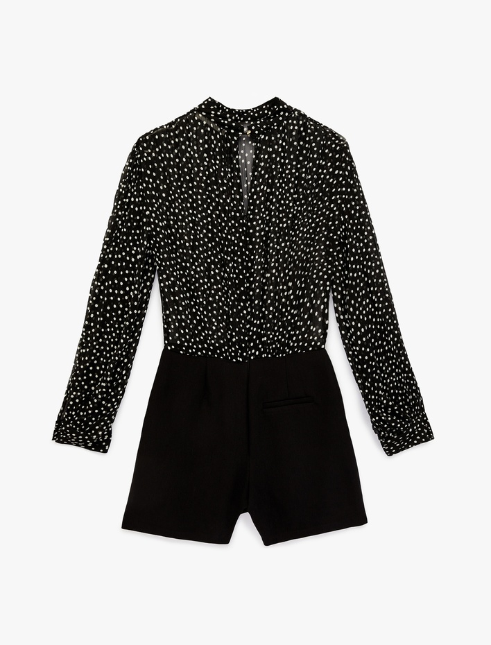  Puantiyeli Şifon Uzun Kollu Bisiklet Yaka Mini Tulum