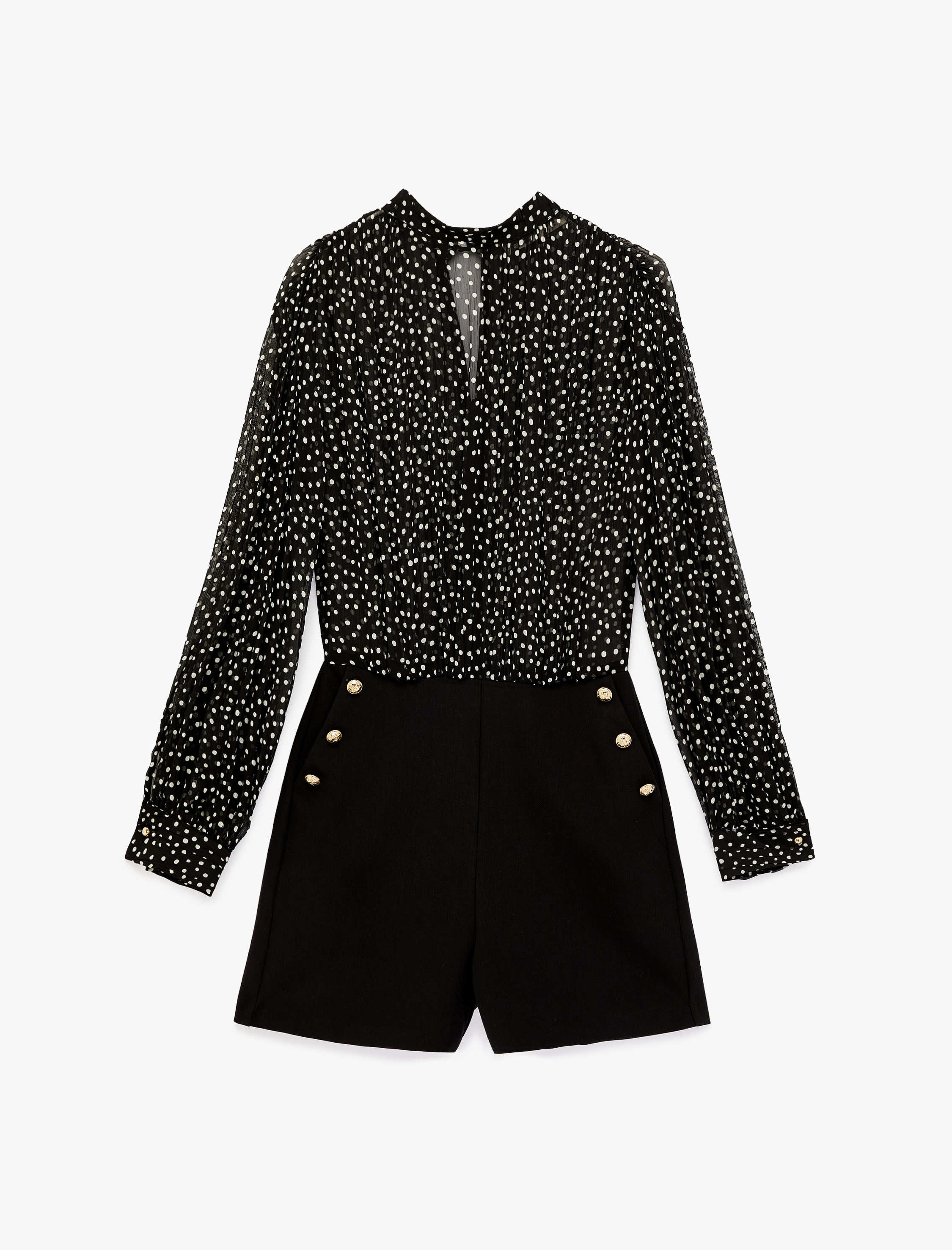   Puantiyeli Şifon Uzun Kollu Bisiklet Yaka Mini Tulum