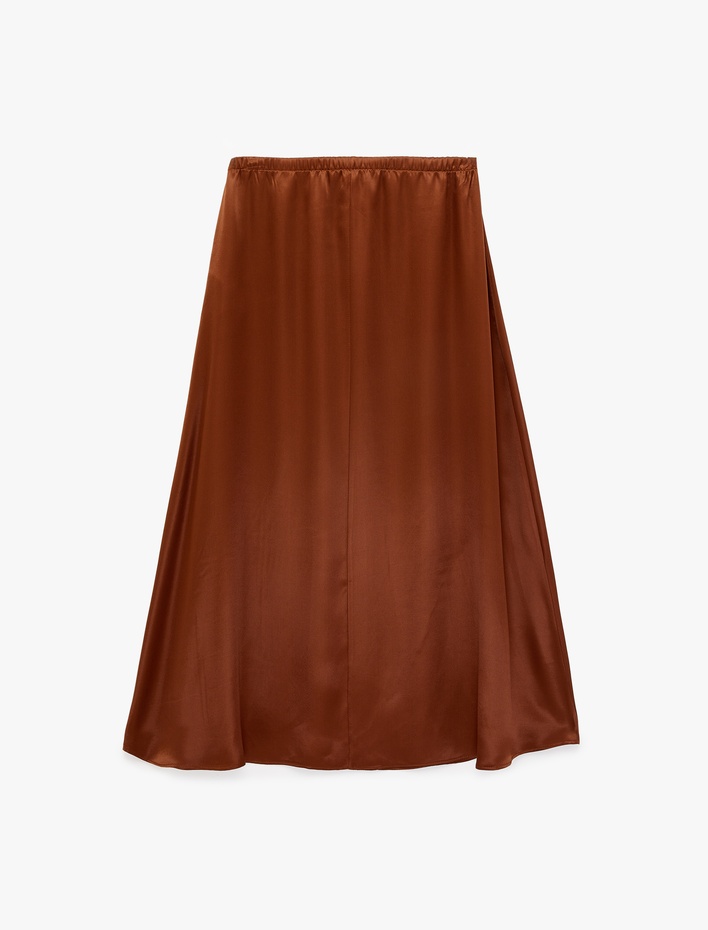  Beli Bağlamalı Lastikli Kloş Kesim Midi Saten Etek