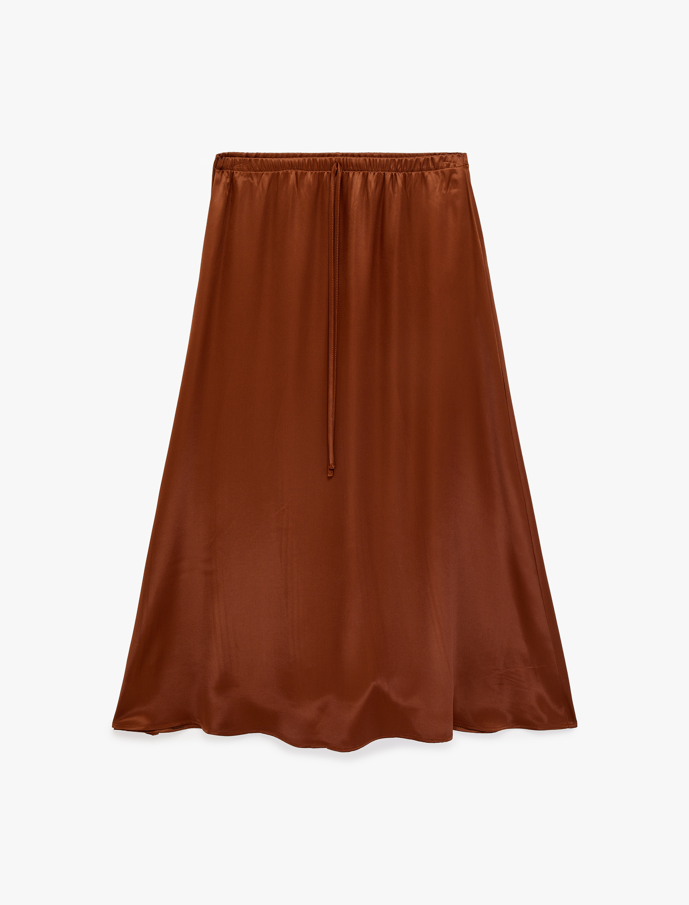   Beli Bağlamalı Lastikli Kloş Kesim Midi Saten Etek