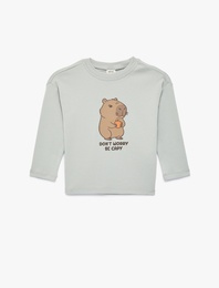 Pamuklu Uzun Kollu Bisiklet Yaka Kapiara Baskılı Tişört