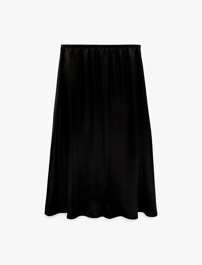  Beli Bağlamalı Lastikli Kloş Kesim Midi Saten Etek