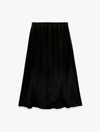 Beli Bağlamalı Lastikli Kloş Kesim Midi Saten Etek