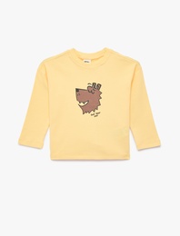 Pamuklu Uzun Kollu Bisiklet Yaka Baskılı Tişört