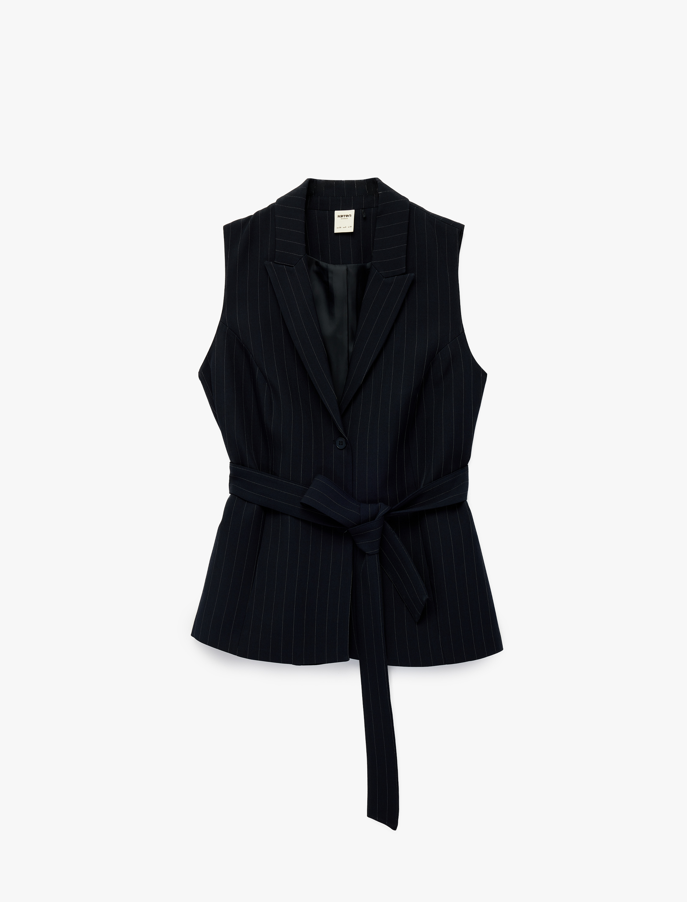   Geniş Yaka Düğmeli Kemer Detaylı Kolsuz Uzun Yelek