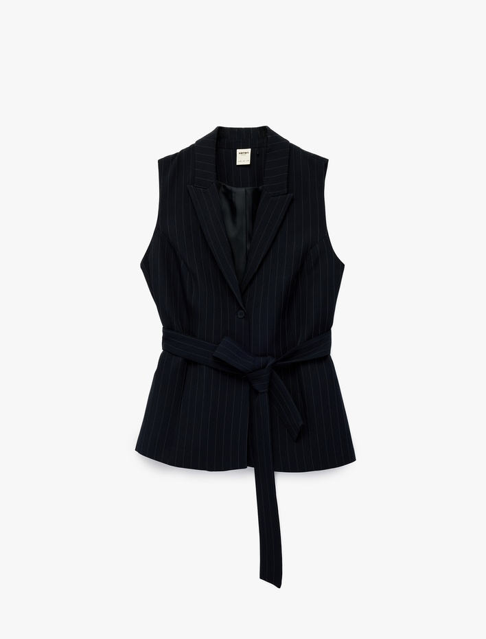  Geniş Yaka Düğmeli Kemer Detaylı Kolsuz Uzun Yelek