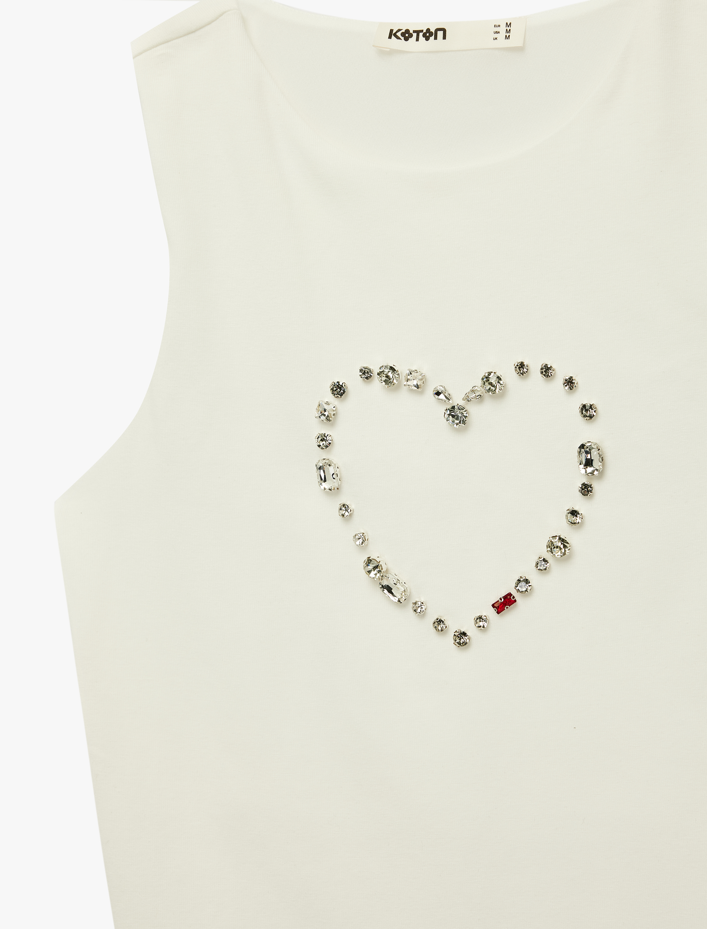   Pamuklu Slim Fit Kolsuz Bisiklet Yaka Taş Detaylı Kalpli Bluz