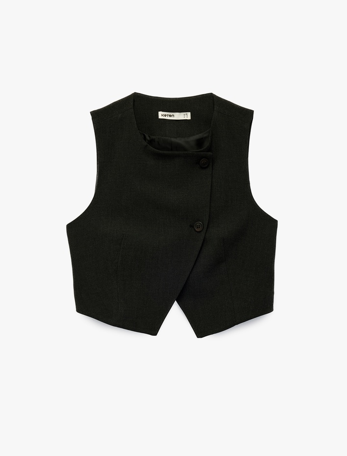  Regular Fit Asimetrik Kesim Düğmeli Bisiklet Yaka Yelek