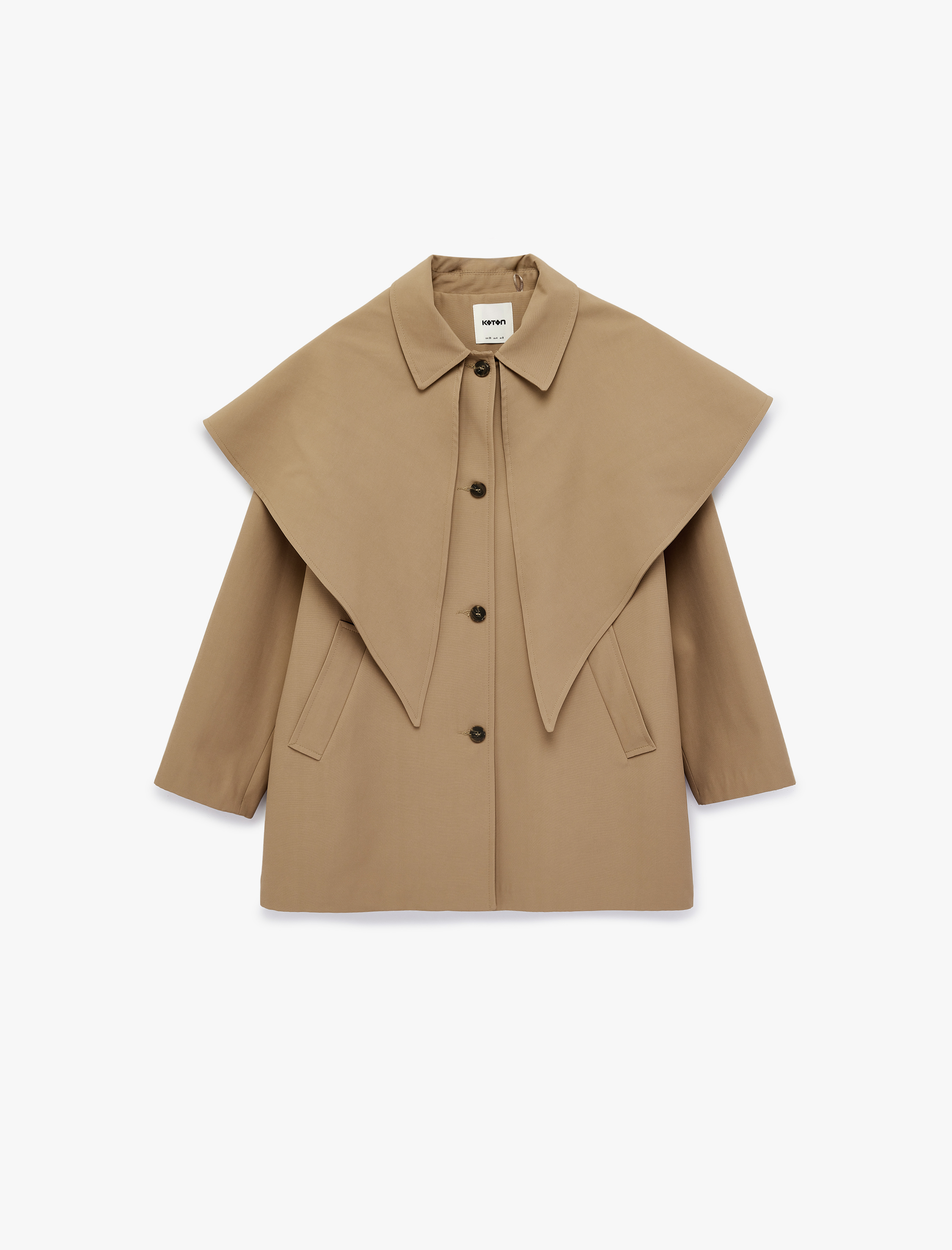   Gabardin Kumaş Uzun Kollu Cepli Düğmeli Pelerin Detaylı Oversize Trençkot