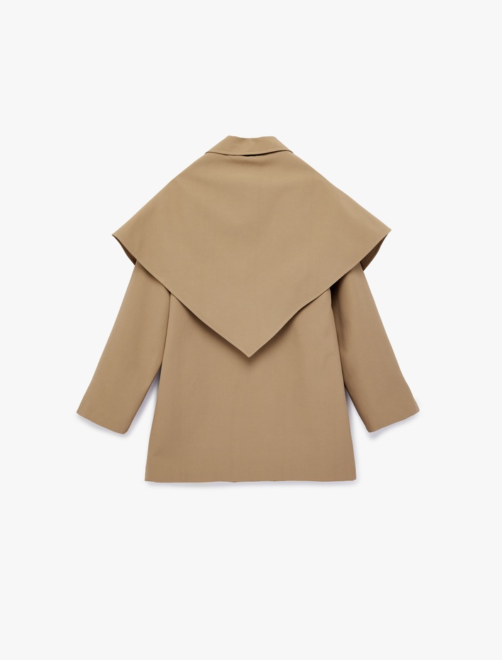  Gabardin Kumaş Uzun Kollu Cepli Düğmeli Pelerin Detaylı Oversize Trençkot