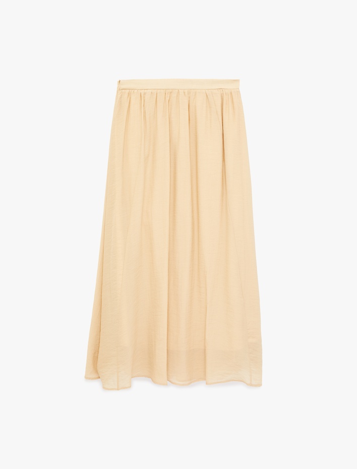  Viskon Kumaş Pile Detaylı Cepli Çan Kesim Midi Etek