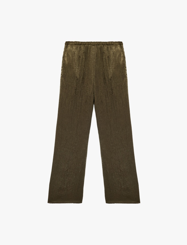  Beli Lastikli Cepli Geniş Paça Dokulu Saten Pantolon