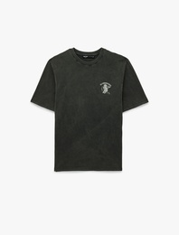 Regular Fit Kısa Kollu Bisiklet Yaka Yıkamalı Pamuklu Arkası Baskılı Tişört