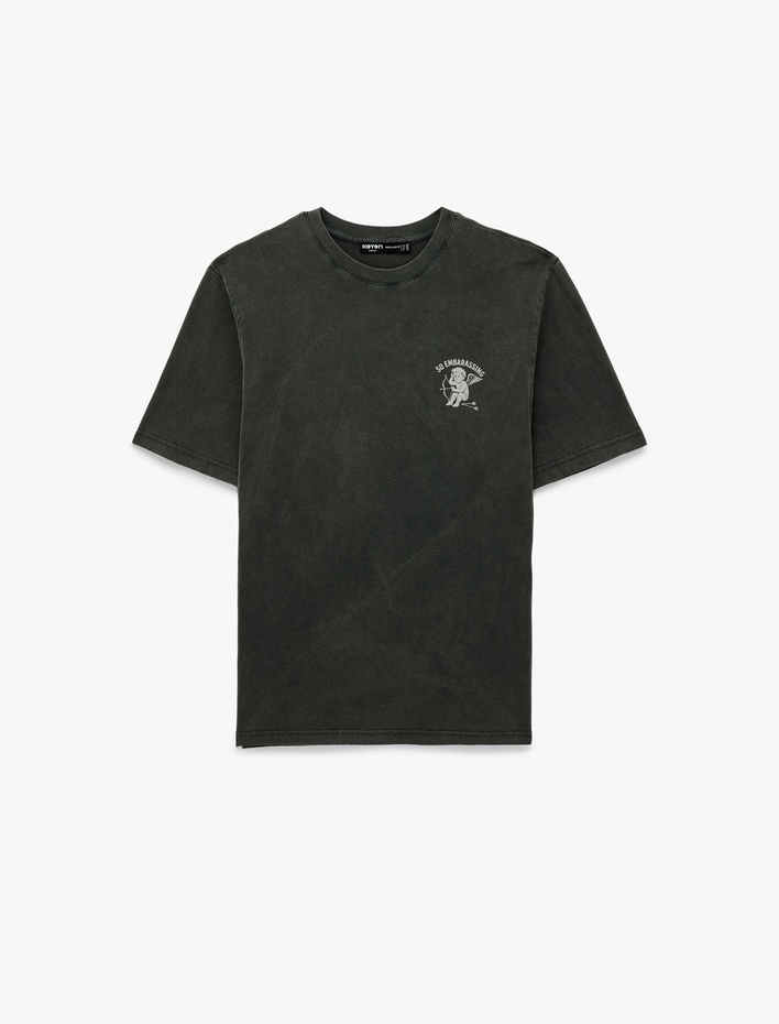  Regular Fit Kısa Kollu Bisiklet Yaka Yıkamalı Pamuklu Arkası Baskılı Tişört