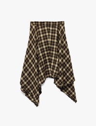 Normal Bel Asimetrik Kesim Ekoseli Midi Etek