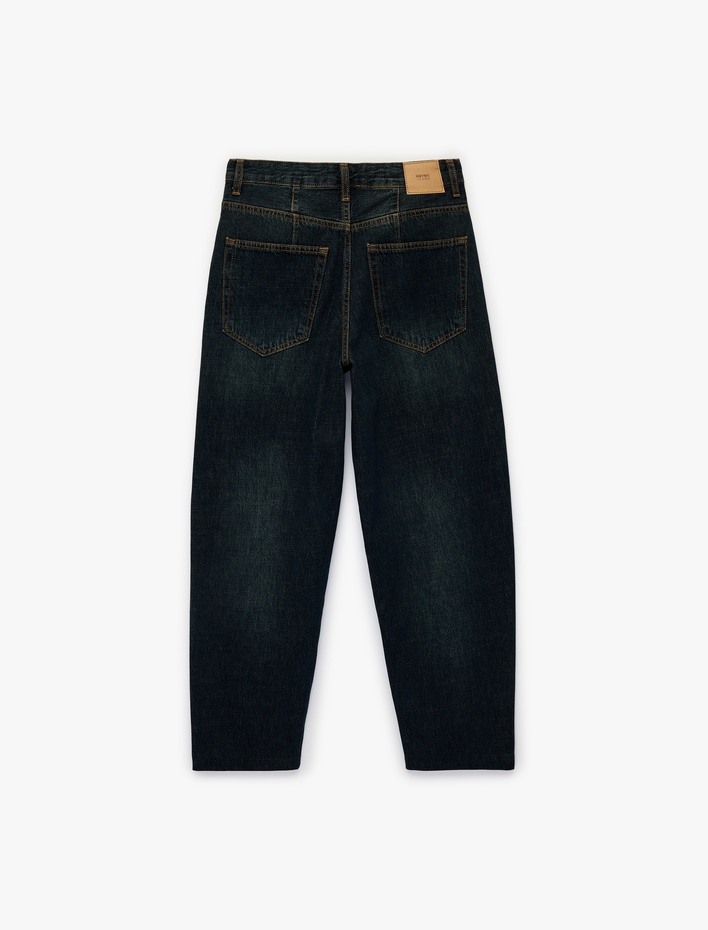  Pamuklu Düğmeli Cepli Normal Bel Düz Paça Denim Pantolon - Tapered Fit Jean