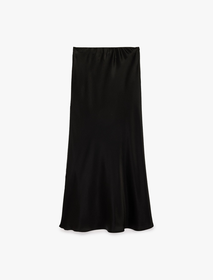  Çan Kesim Dantel Detaylı Midi Saten Etek