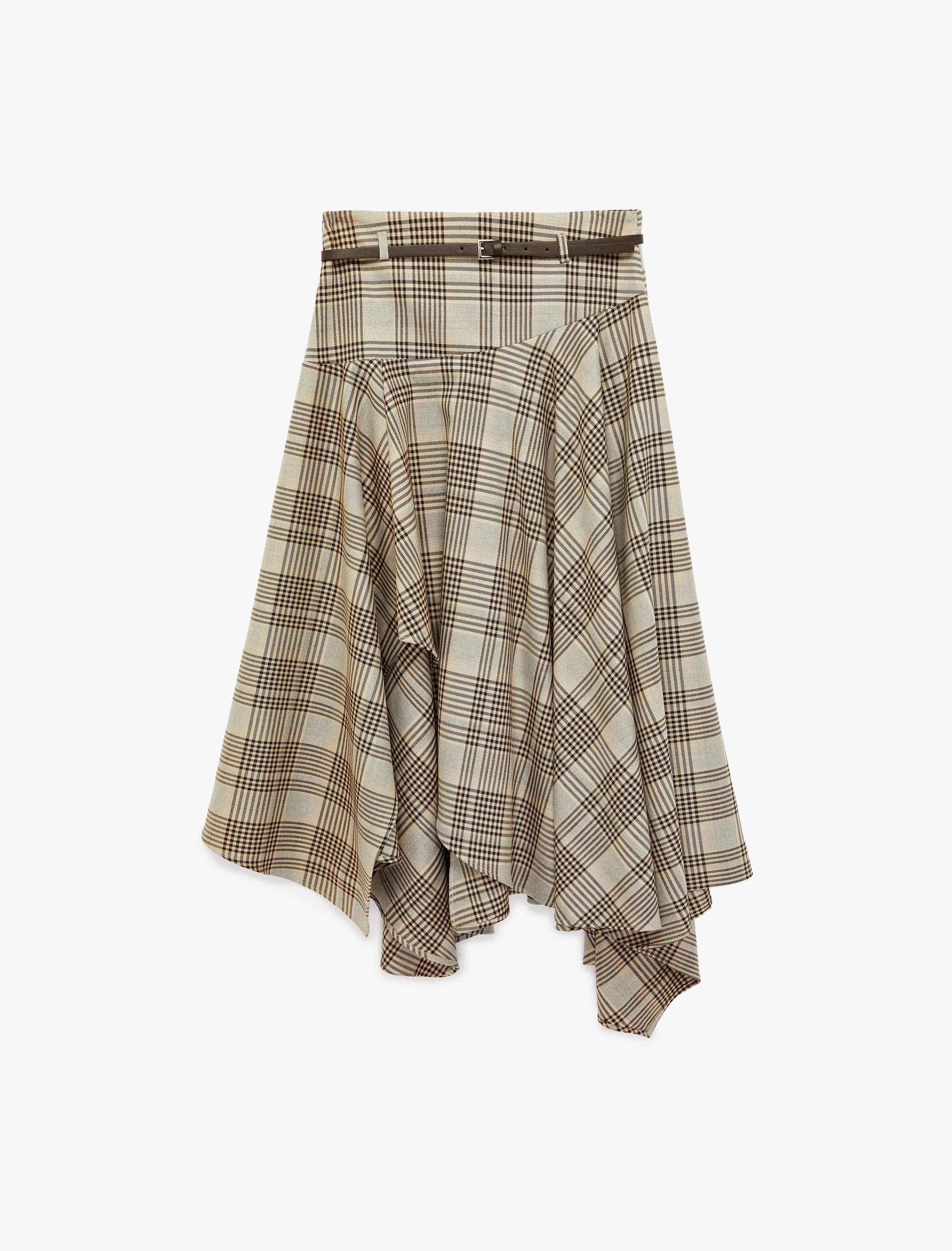   Kemer Detaylı Asimetrik Kesim Ekoseli Midi Etek