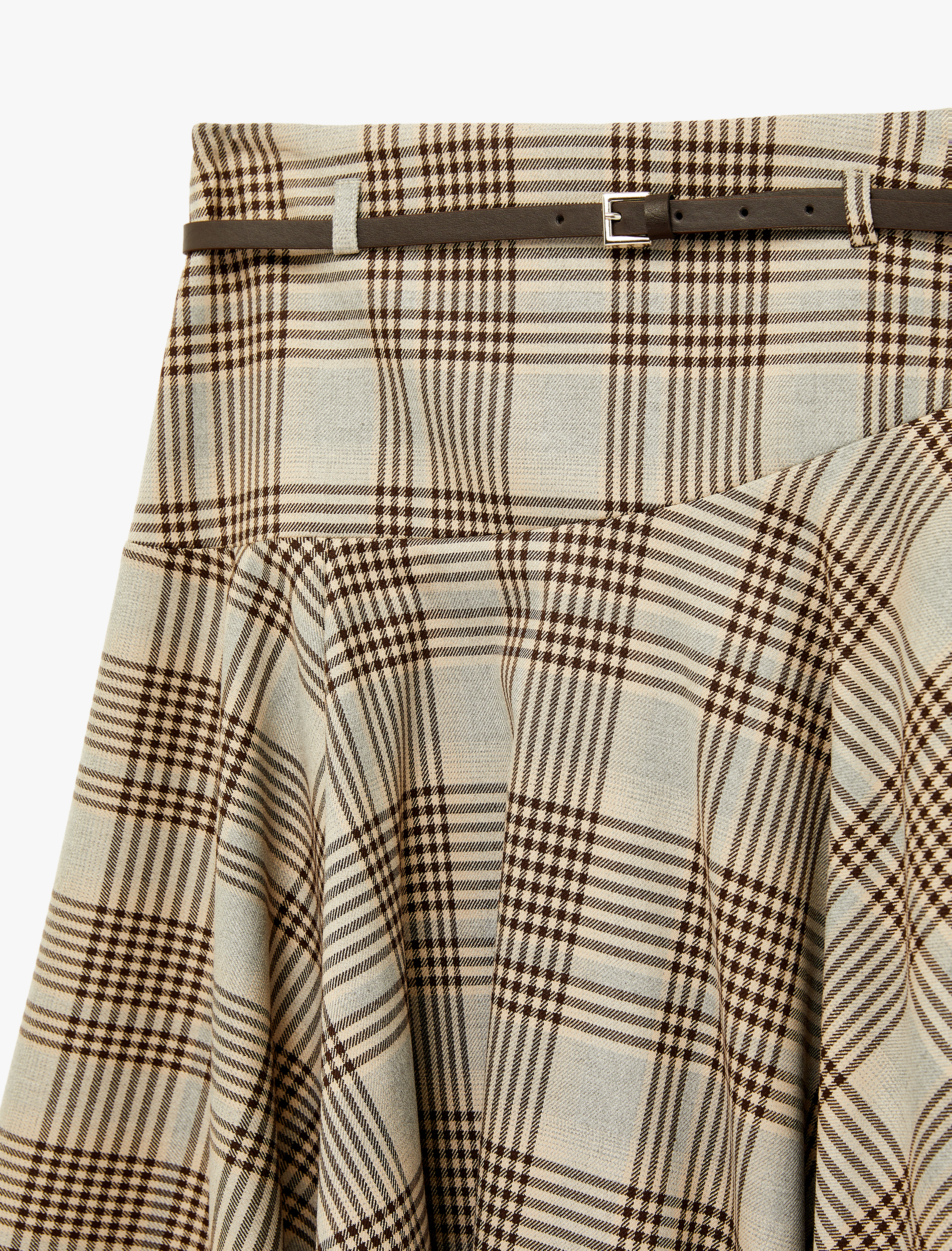   Kemer Detaylı Asimetrik Kesim Ekoseli Midi Etek