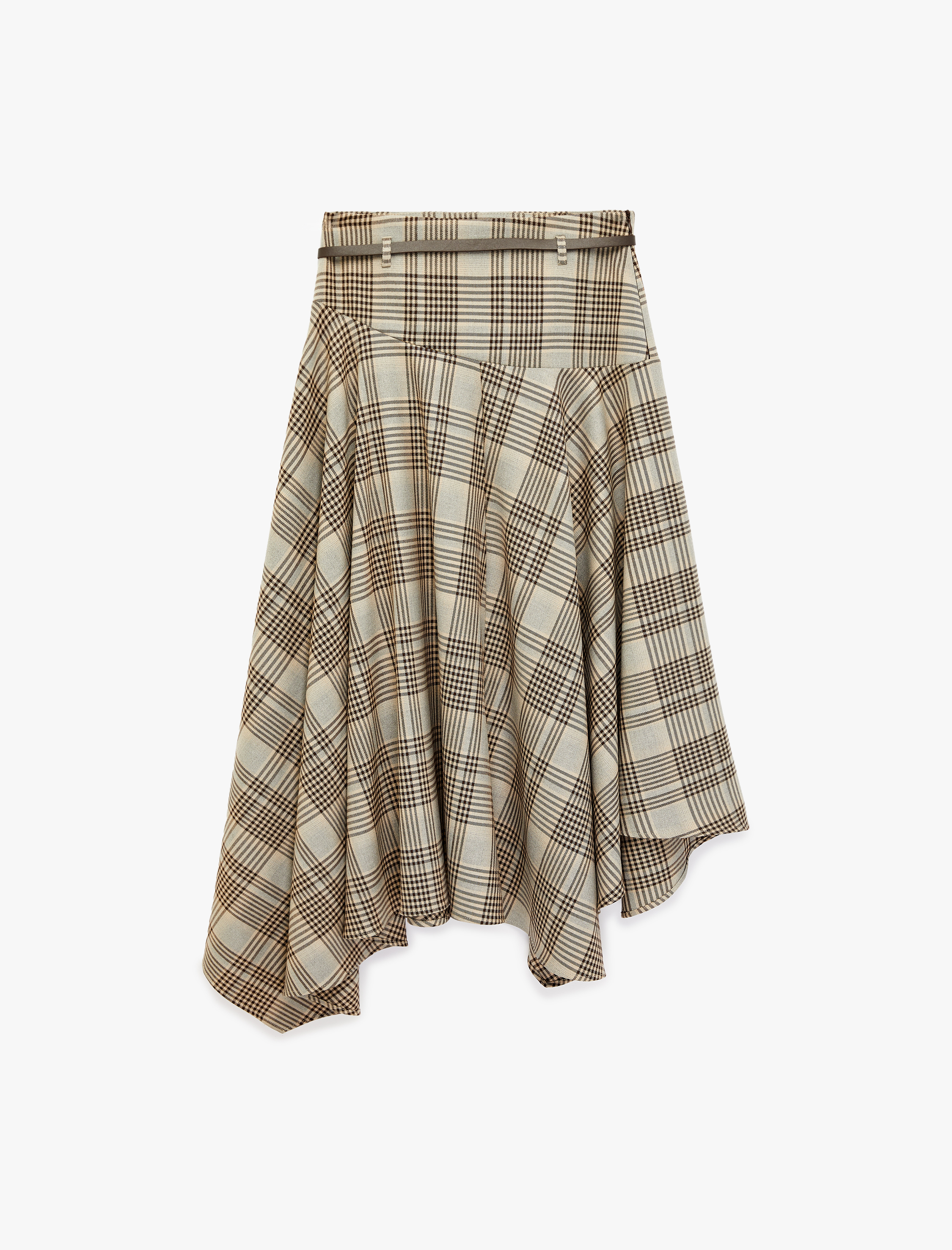   Kemer Detaylı Asimetrik Kesim Ekoseli Midi Etek