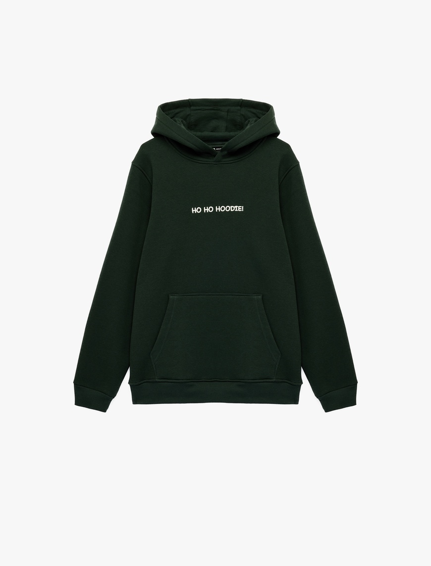Koton Erkek Uzun Kollu Kanguru Cepli Şardonlu Yılbaşı Temalı Nakışlı Kapşonlu Sweatshirt