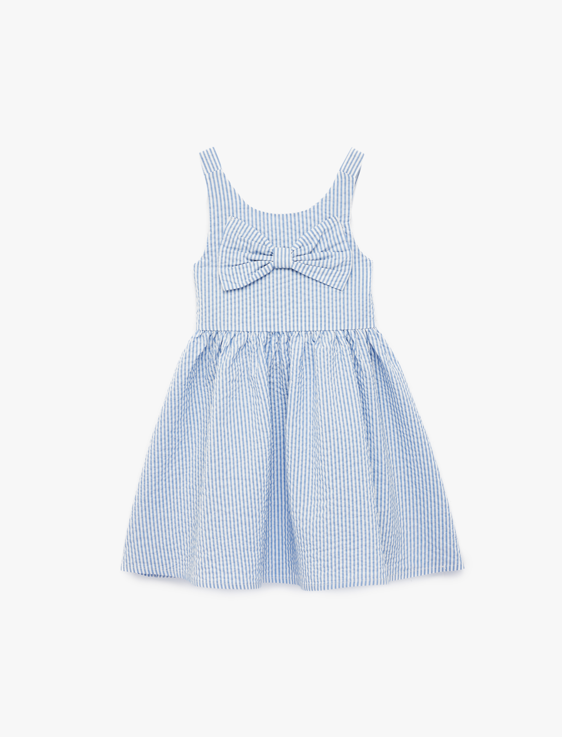  Kız Bebek Fiyonk Detaylı Bisiklet Yaka Çizgili Askılı Elbise