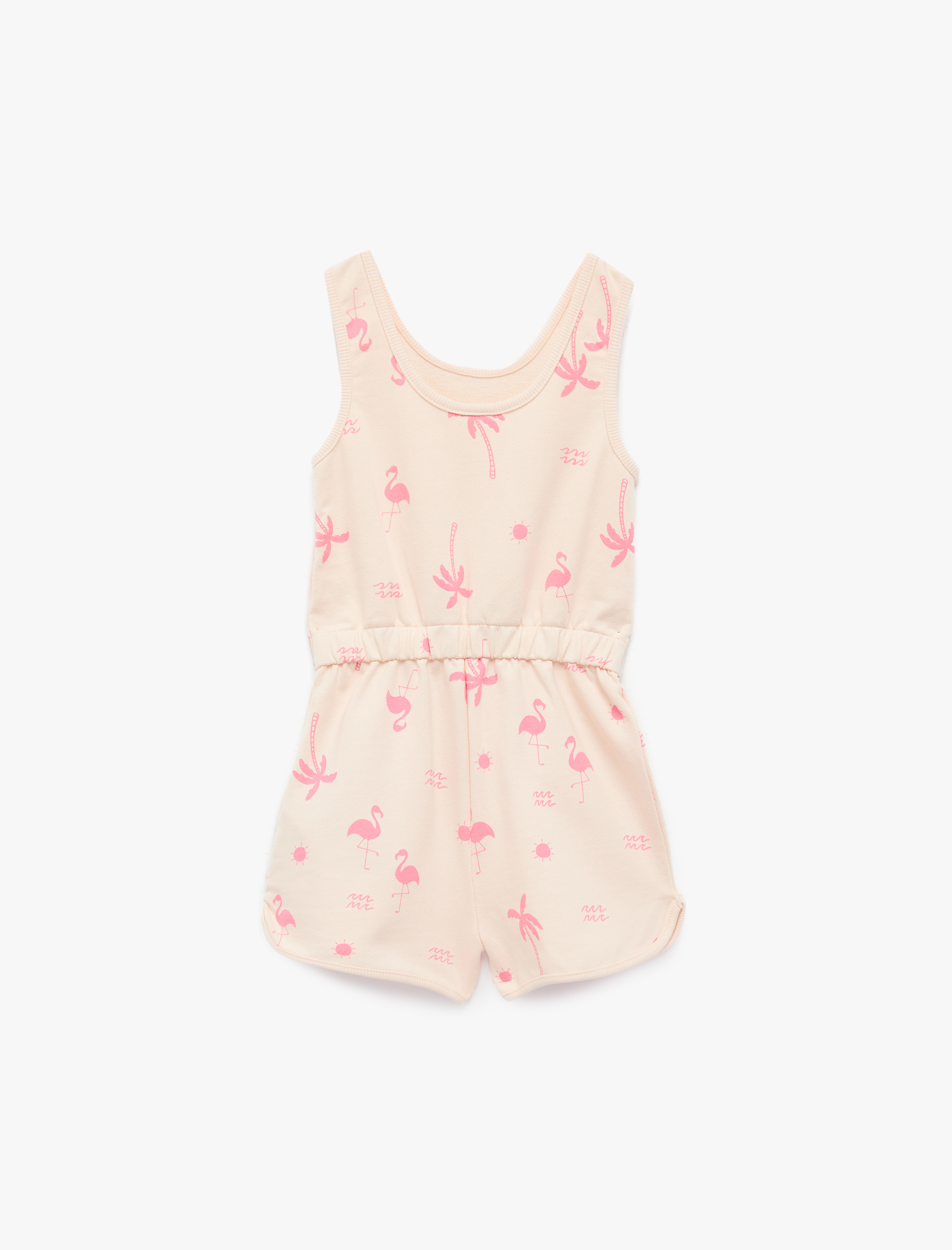  Kız Bebek Pamuklu Bisiklet Yaka Flamingo Baskılı Askılı Tulum