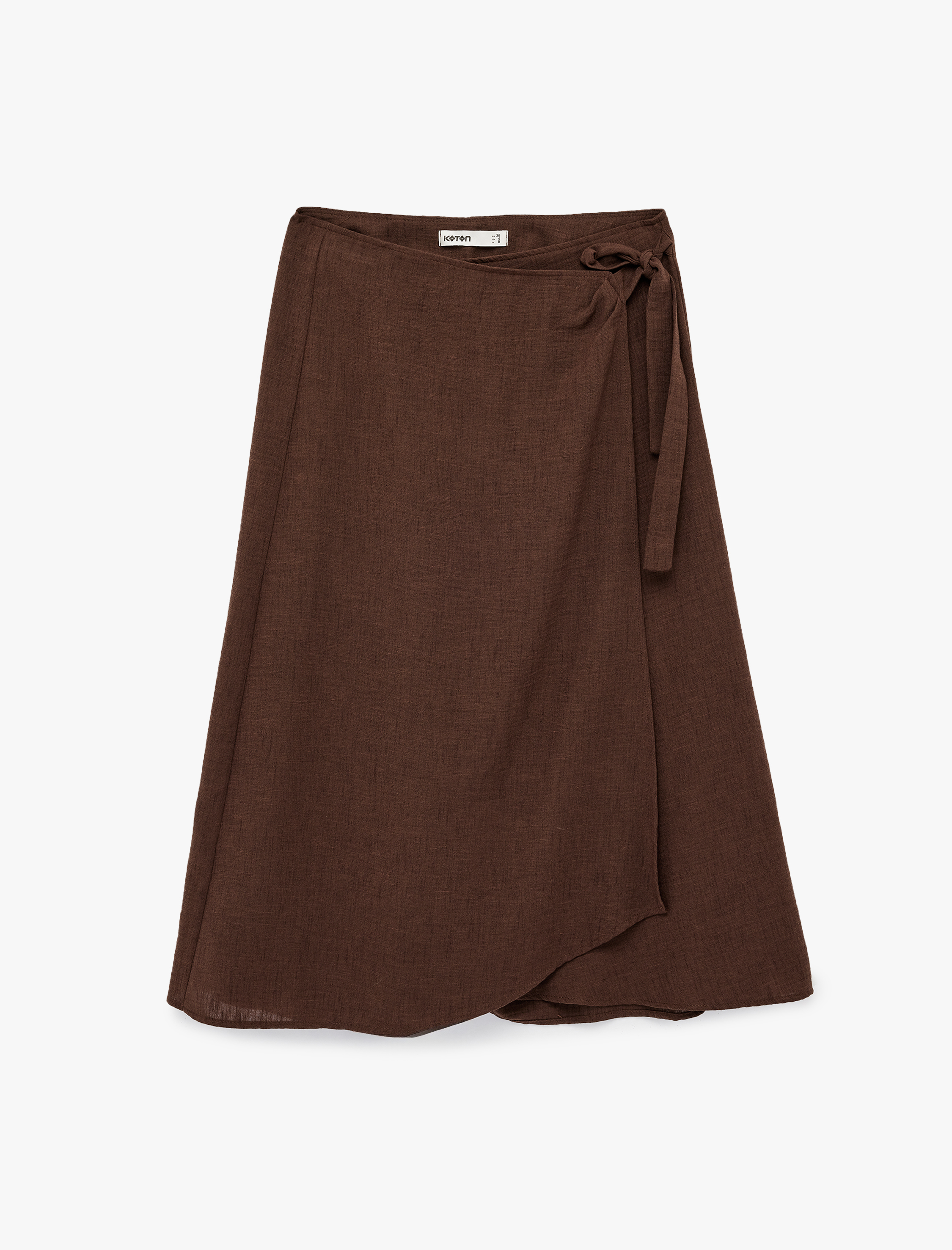   Keten Görünümlü Asimetrik Bağlama Detaylı Kruvaze Midi Etek