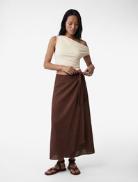 Keten Görünümlü Asimetrik Bağlama Detaylı Kruvaze Midi Etek