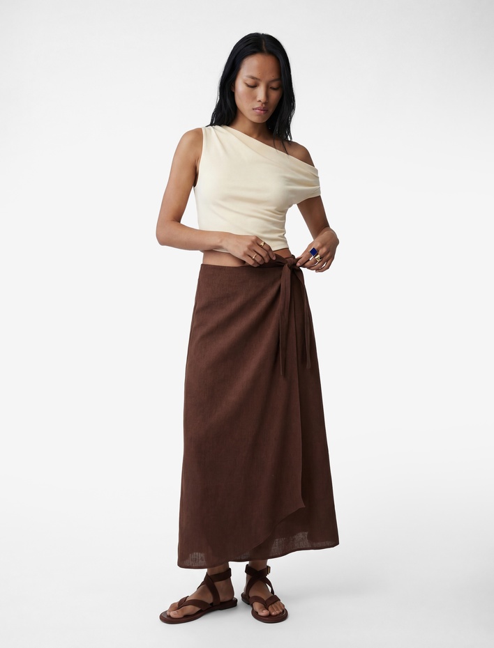  Keten Görünümlü Asimetrik Bağlama Detaylı Kruvaze Midi Etek