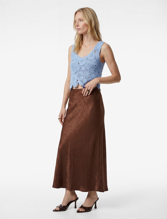  Balık Kesim Slim Fit Midi Boy Dokulu Saten Etek