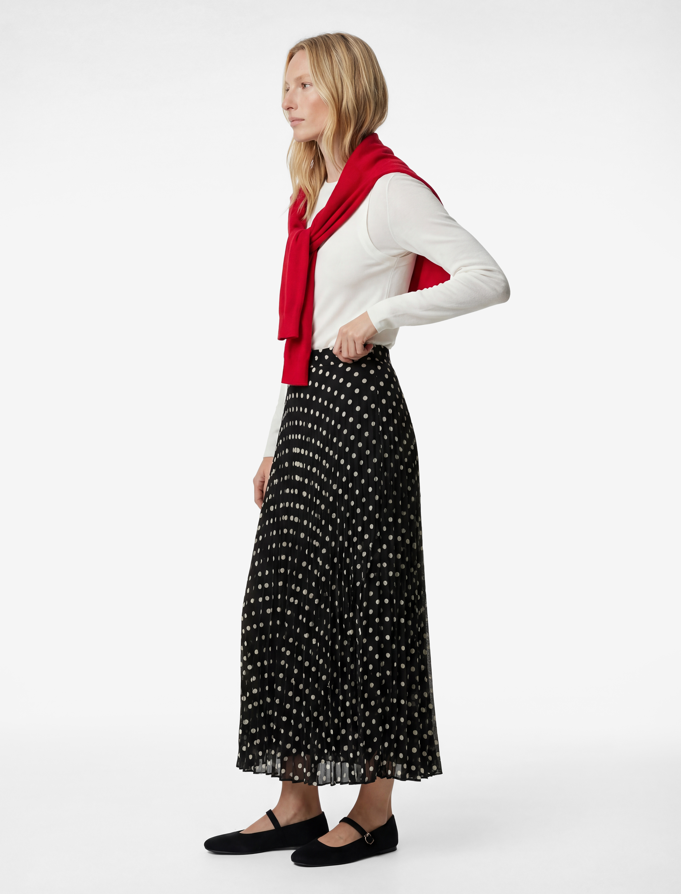   Pileli Puantiyeli Midi Şifon Etek