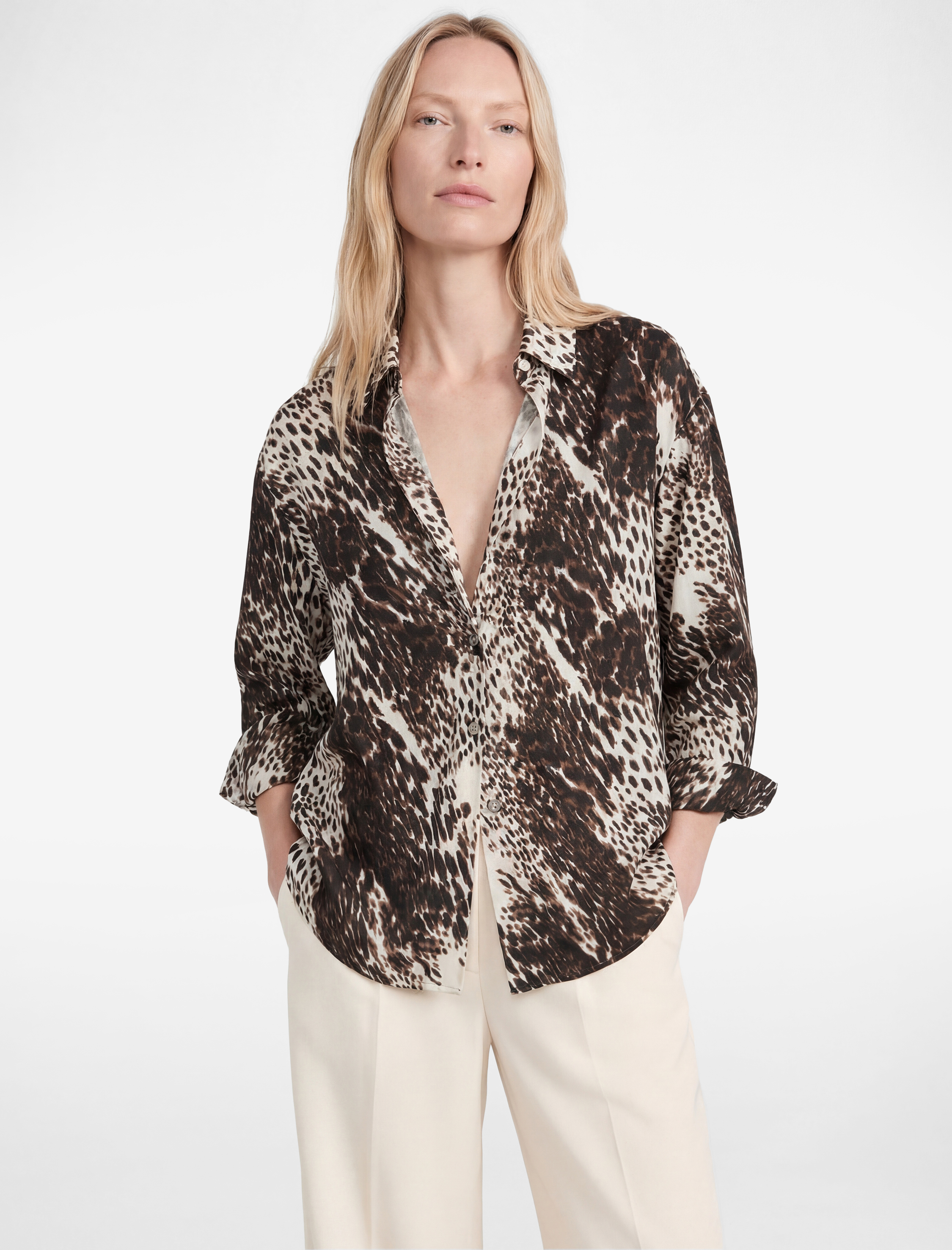   Regular Fit Uzun Kollu Leopar Desenli Saten Gömlek