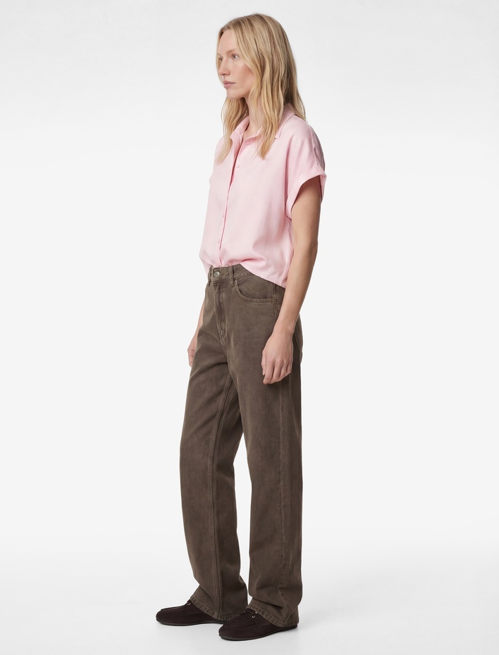  Kısa Kollu Kaçık Yaka Oversize Saten Gömlek