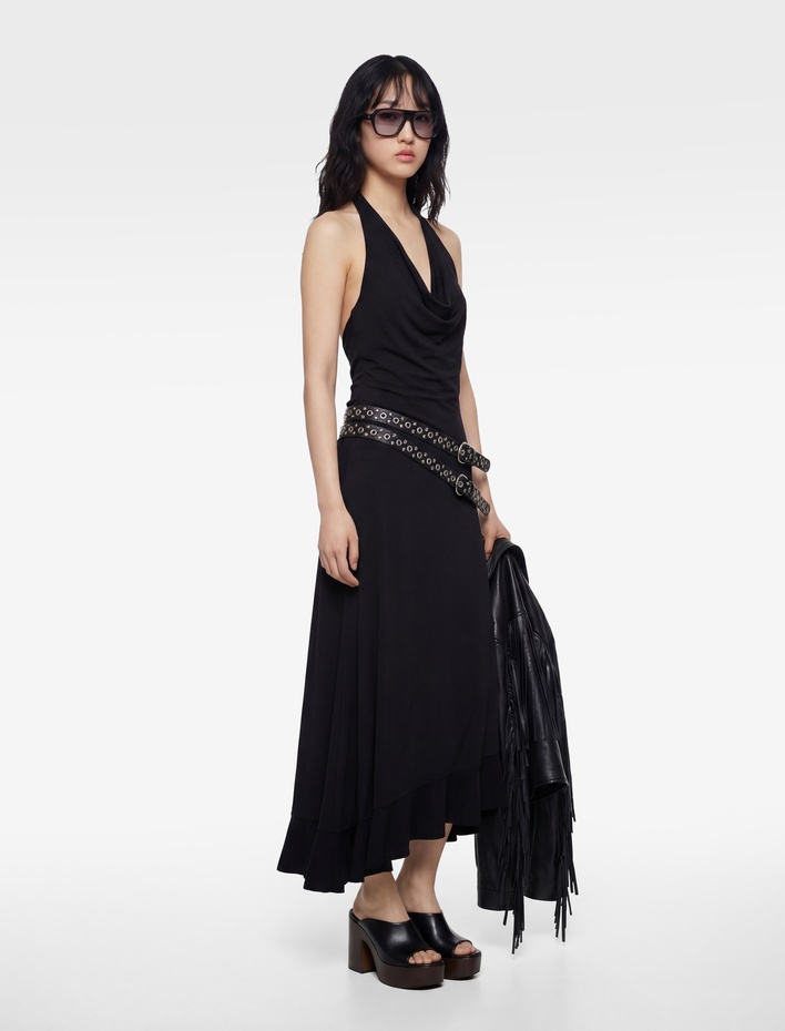  Asimetrik Kesim Degaje Yaka Kolsuz Midi Elbise