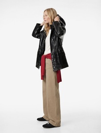 Fermuarlı Cep Detaylı Kapüşonlu Viskon Karışımlı Suni Deri Yağmurluk