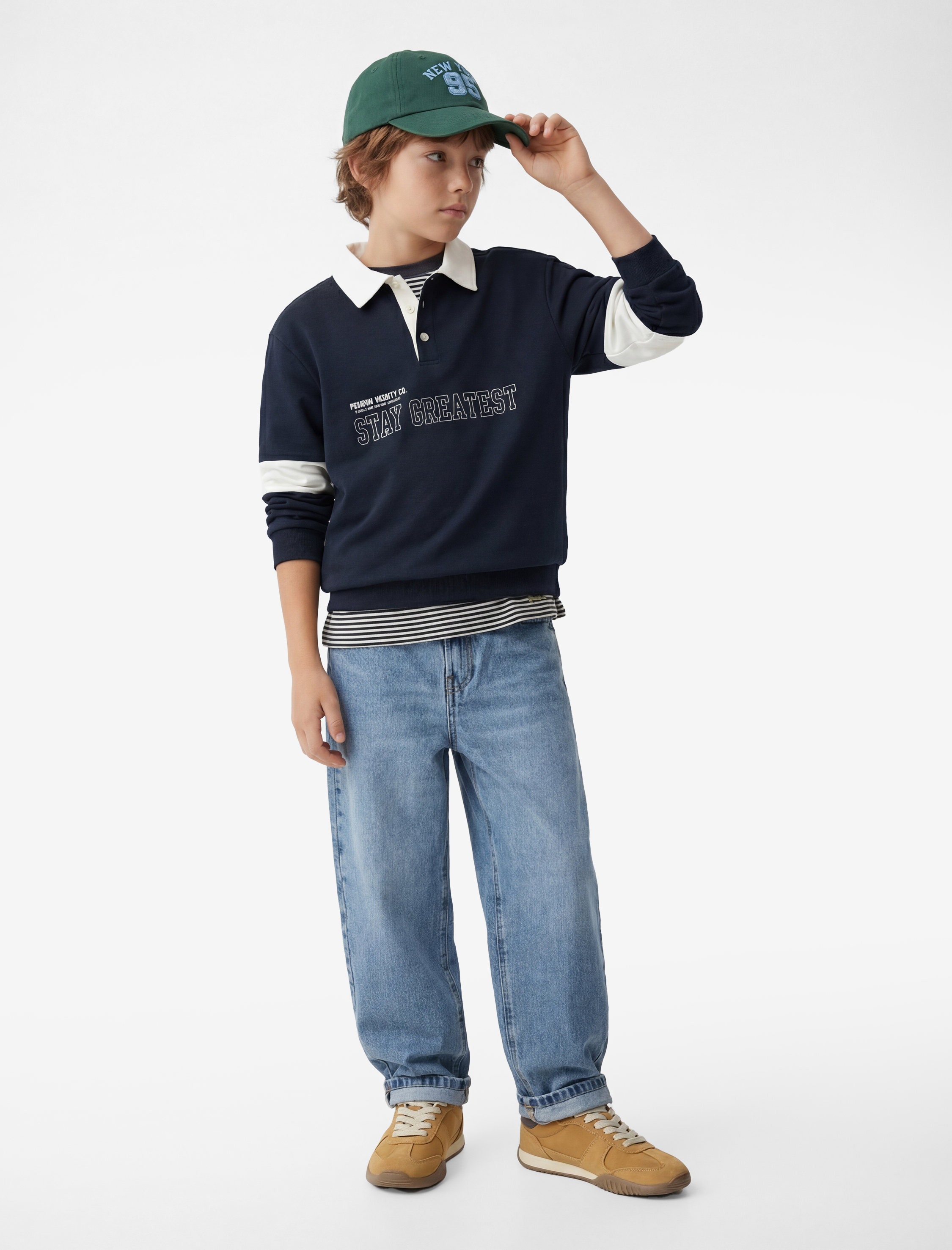  Erkek Çocuk Pamuklu Uzun Kollu Baskılı Oversize Polo Yaka Sweatshirt